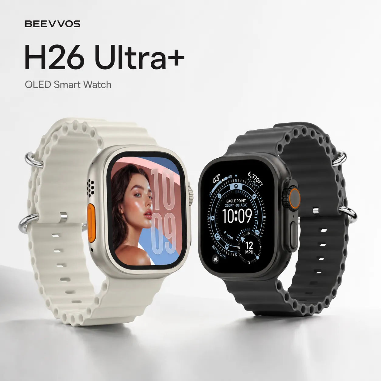 BEEVVOS H26 Ultra+ smart watch in black and titanium colors with 2.06 inch OLED square display