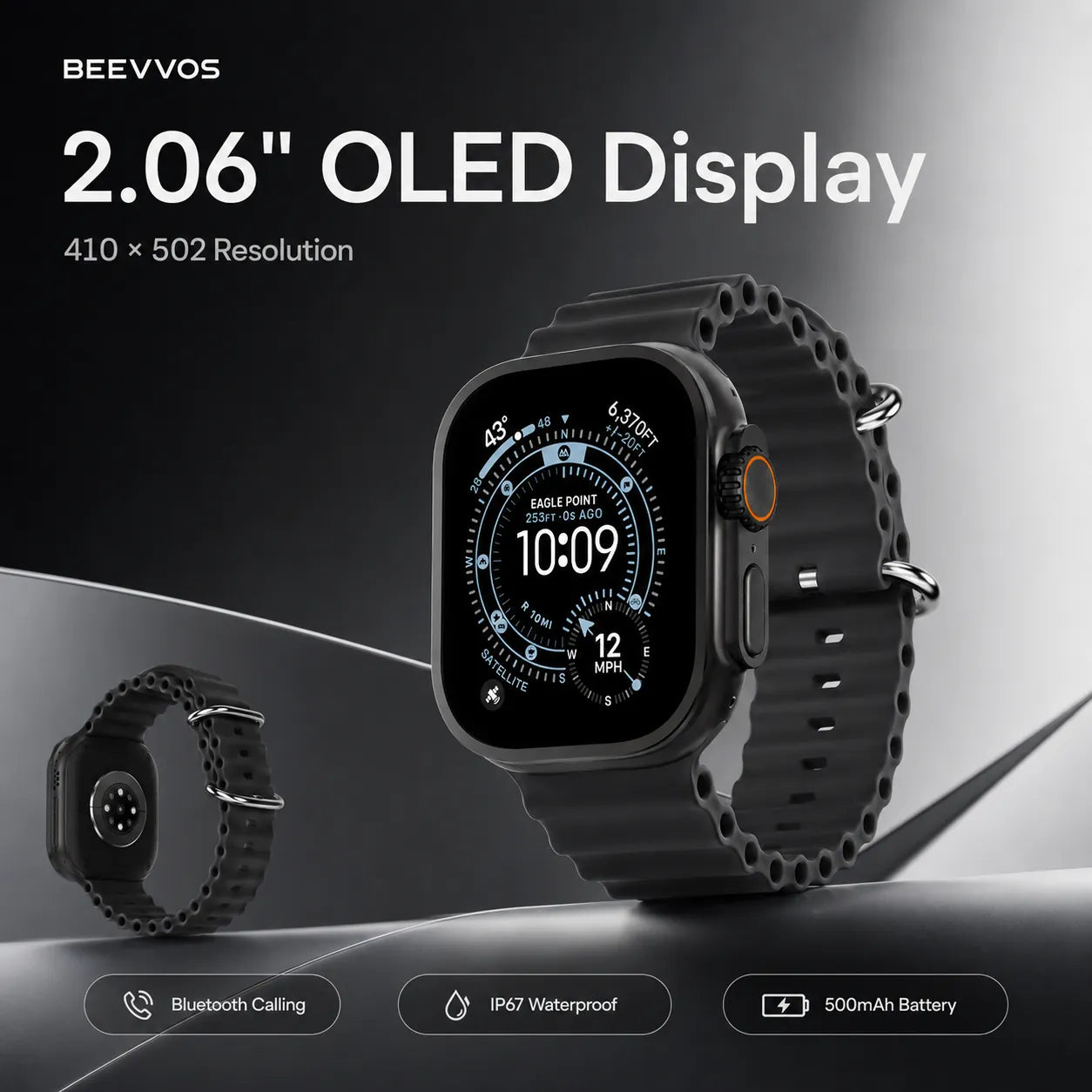 BEEVVOS H26 Ultra+ OLED smart watch featuring 410 by 502 resolution square touchscreen display