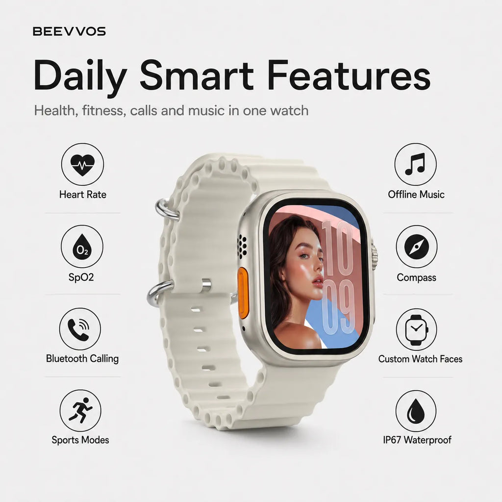 BEEVVOS H26 Ultra+ smart watch with heart rate, blood oxygen, sports modes and offline music features