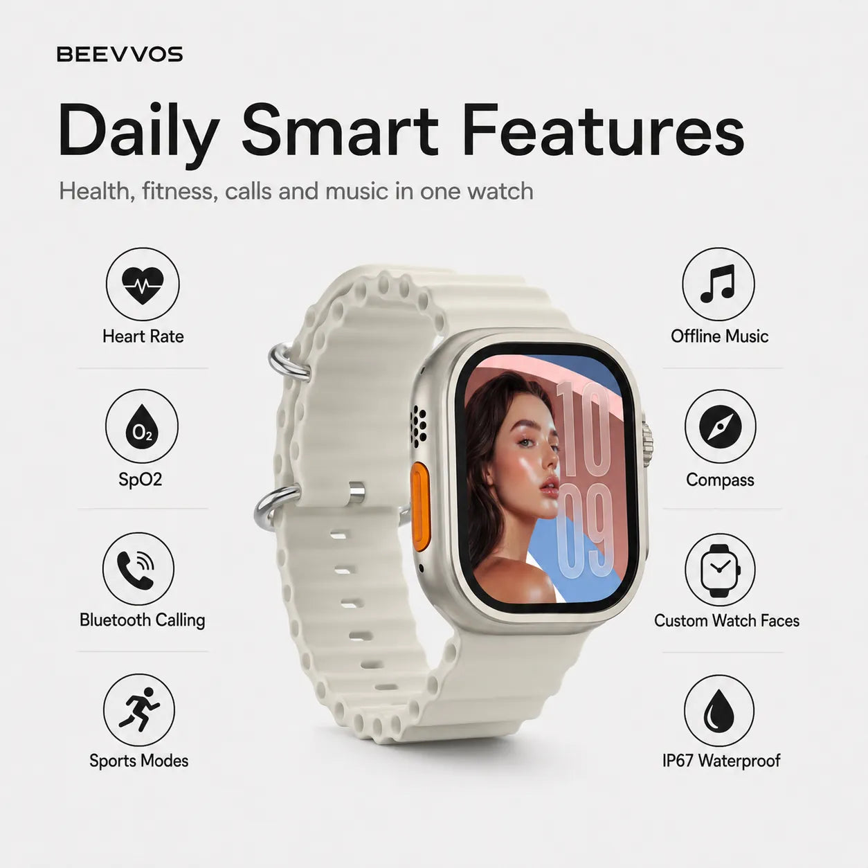 BEEVVOS H26 Ultra+ smart watch with heart rate, blood oxygen, sports modes and offline music features
