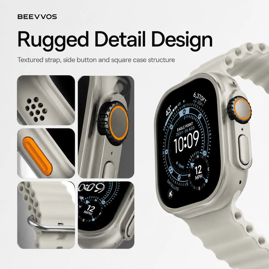BEEVVOS H26 Ultra+ square smart watch with textured strap, side button and detailed case design