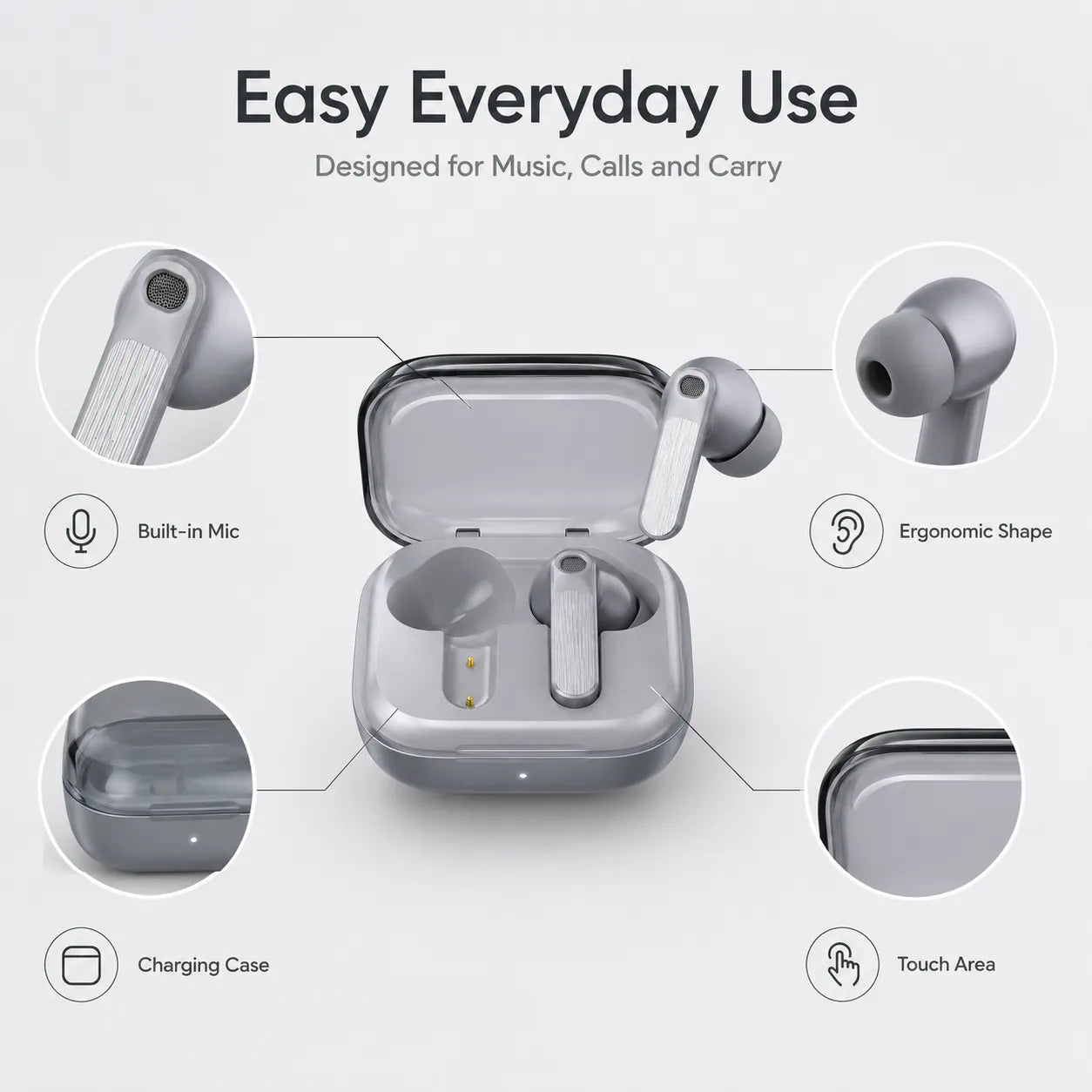 BEEVVOS R630 wireless earbuds displayed for everyday audio listening with a compact in-ear stem-style design.