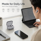 Close-up feature view of BEEVVOS R630 in-ear earbuds, textured stems and transparent-lid charging case.