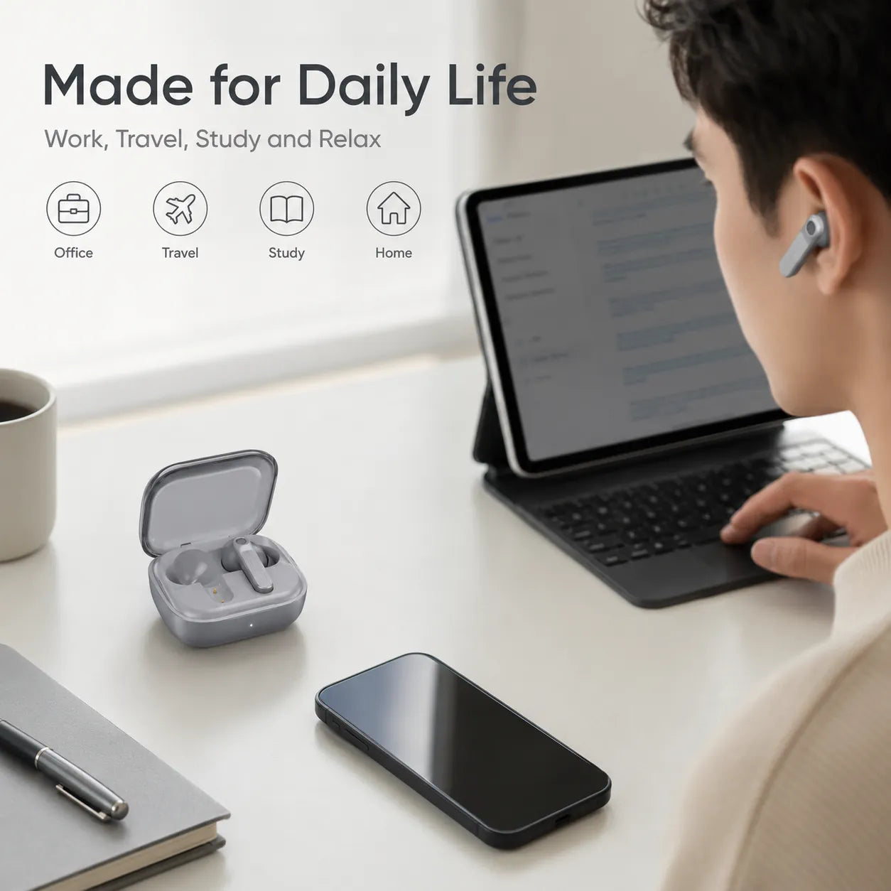 Close-up feature view of BEEVVOS R630 in-ear earbuds, textured stems and transparent-lid charging case.