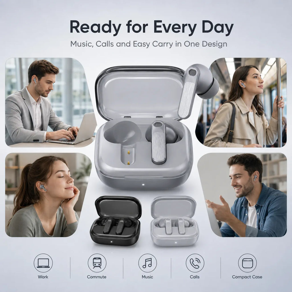 BEEVVOS R630 black and white wireless earbuds presented for work, commuting, travel and home listening.