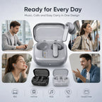 BEEVVOS R630 black and white wireless earbuds presented for work, commuting, travel and home listening.