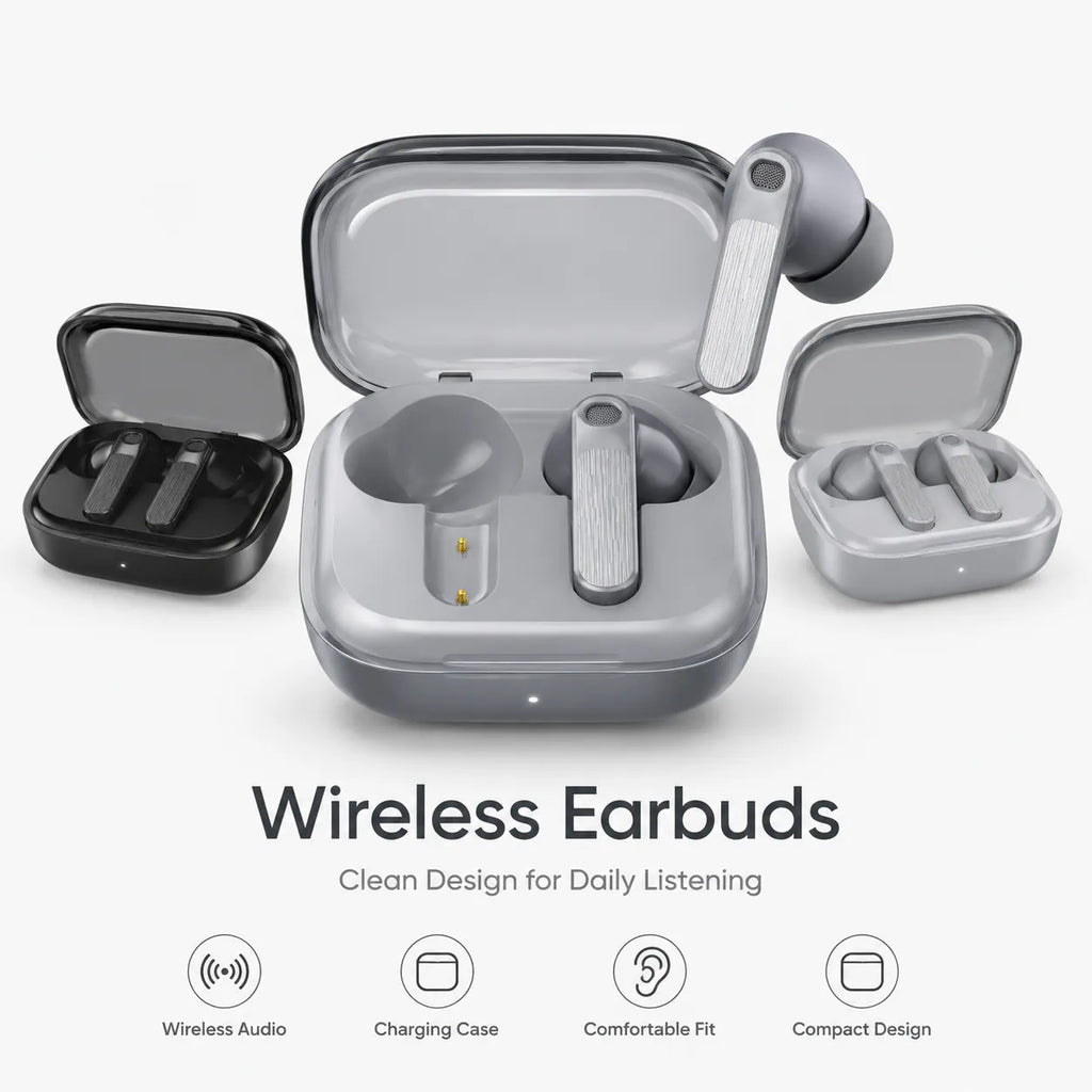 Detailed view of BEEVVOS R630 earbuds showing the in-ear shape, stem texture and compact charging case structure.