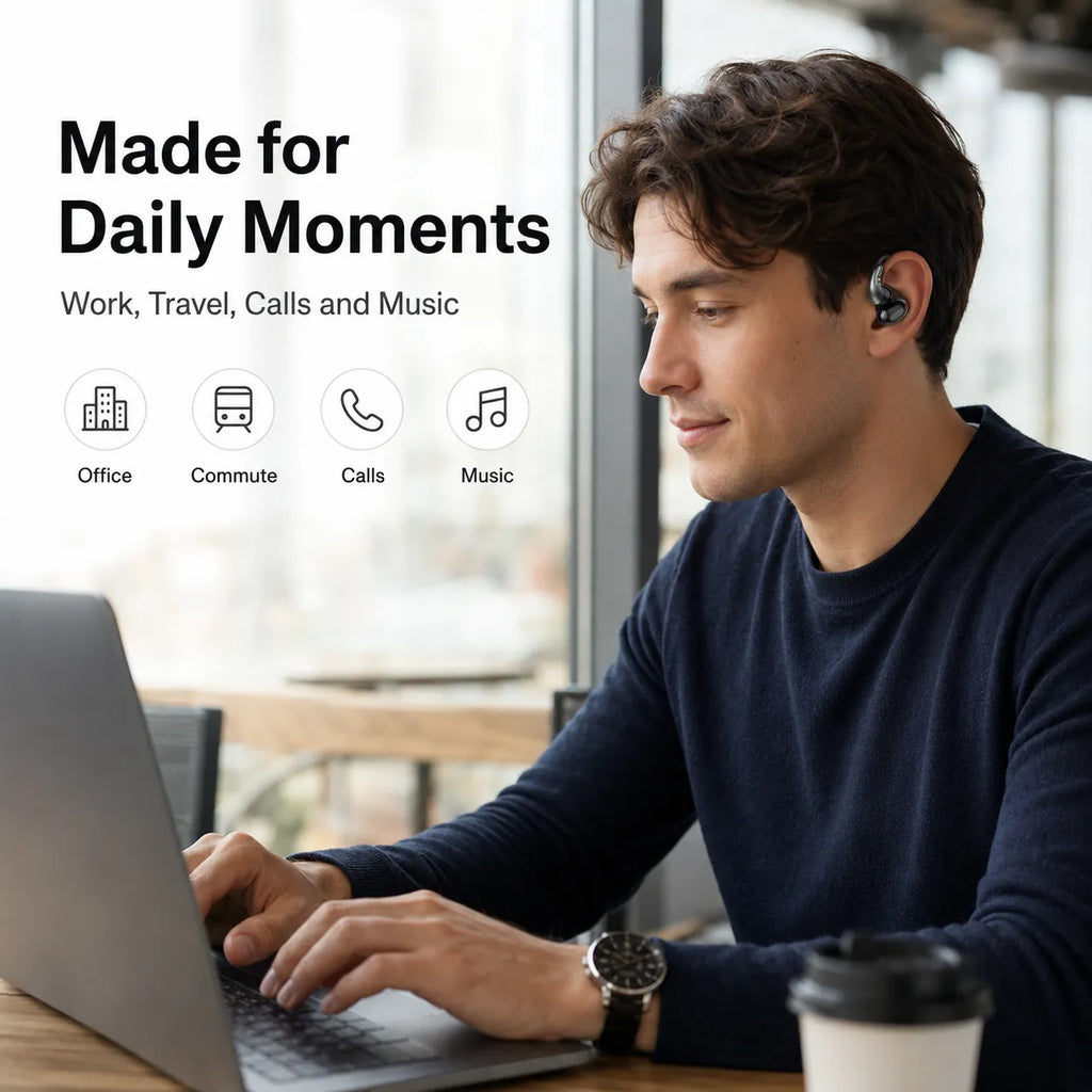 BEEVVOS LDW-630 clip-on wireless earbuds highlighting the metal finish, call function and charging contacts.