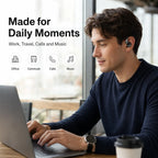 BEEVVOS LDW-630 clip-on wireless earbuds highlighting the metal finish, call function and charging contacts.