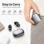 User wearing BEEVVOS LDW-630 open-ear wireless earbuds during a city commute for calls and daily listening.