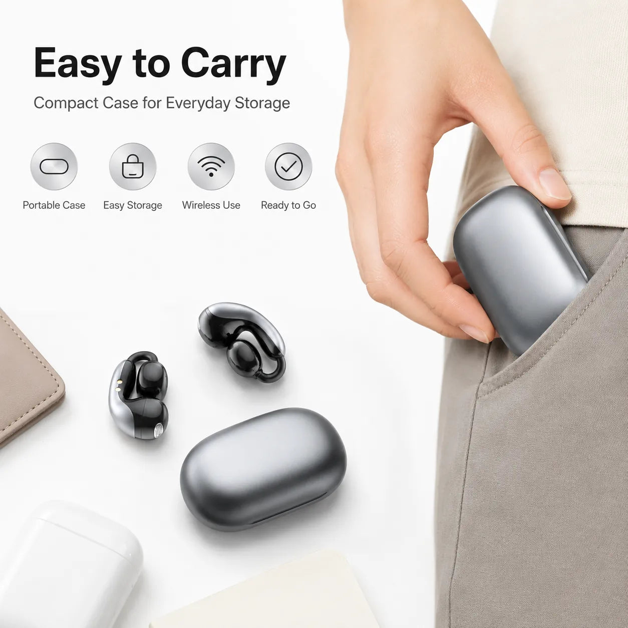 User wearing BEEVVOS LDW-630 open-ear wireless earbuds during a city commute for calls and daily listening.