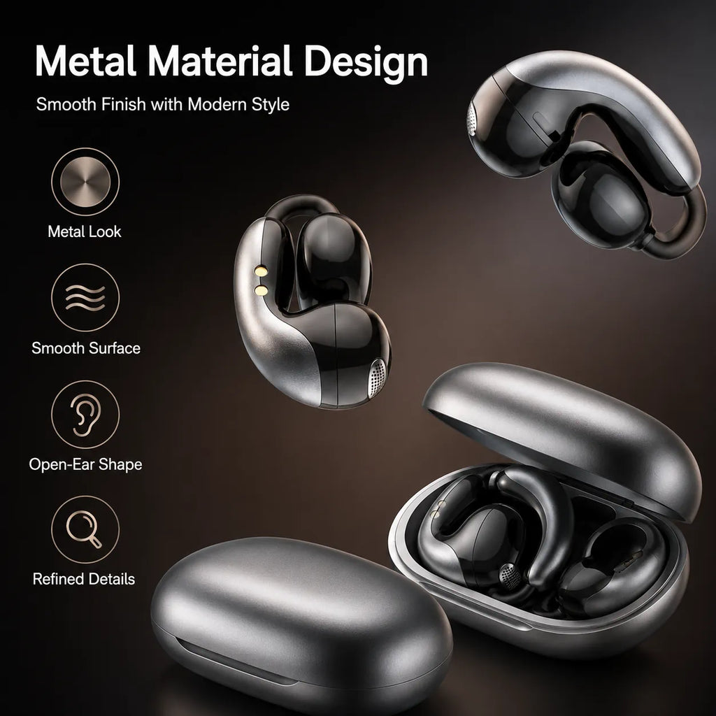 BEEVVOS LDW-630 metal open-ear wireless earbuds in gray and white with matching compact charging cases.