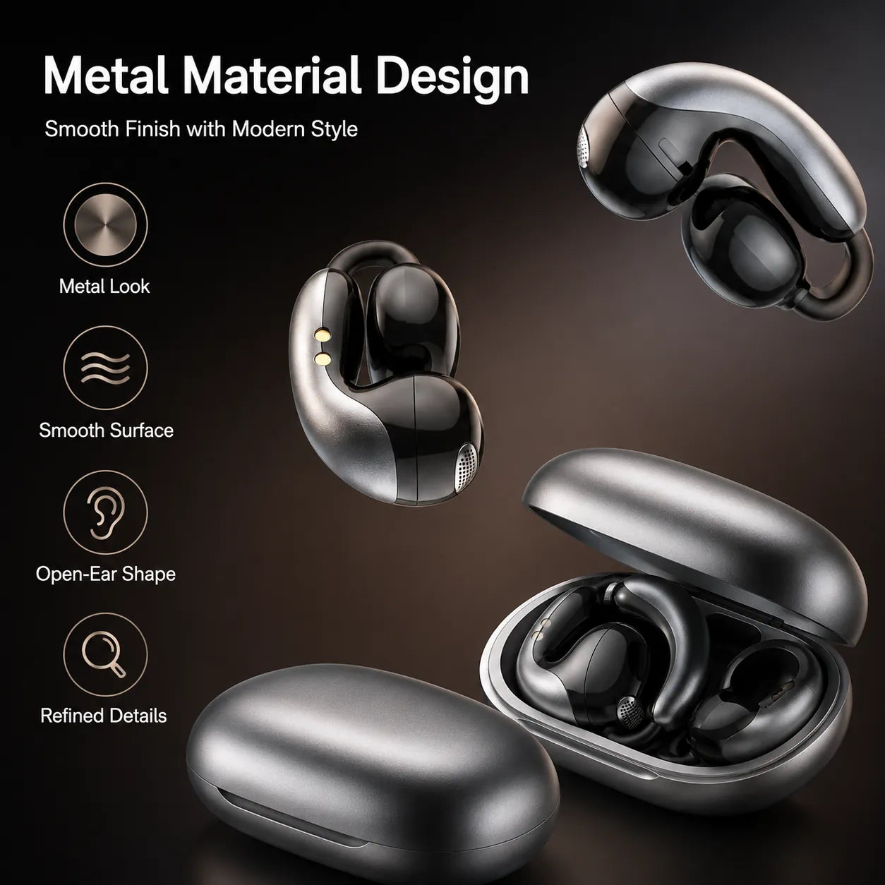 BEEVVOS LDW-630 metal open-ear wireless earbuds in gray and white with matching compact charging cases.