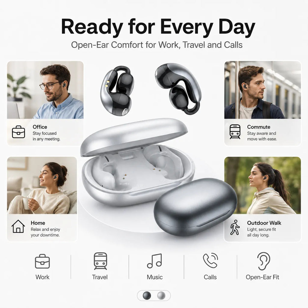 BEEVVOS LDW-630 gray and white open-ear earbuds for office calls, commuting, home listening and walking.