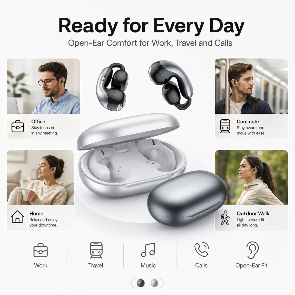 BEEVVOS LDW-630 gray and white open-ear earbuds for office calls, commuting, home listening and walking.
