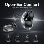 Close-up of BEEVVOS LDW-630 metal open-ear earbuds showing the curved exterior and clip-on wearing structure.