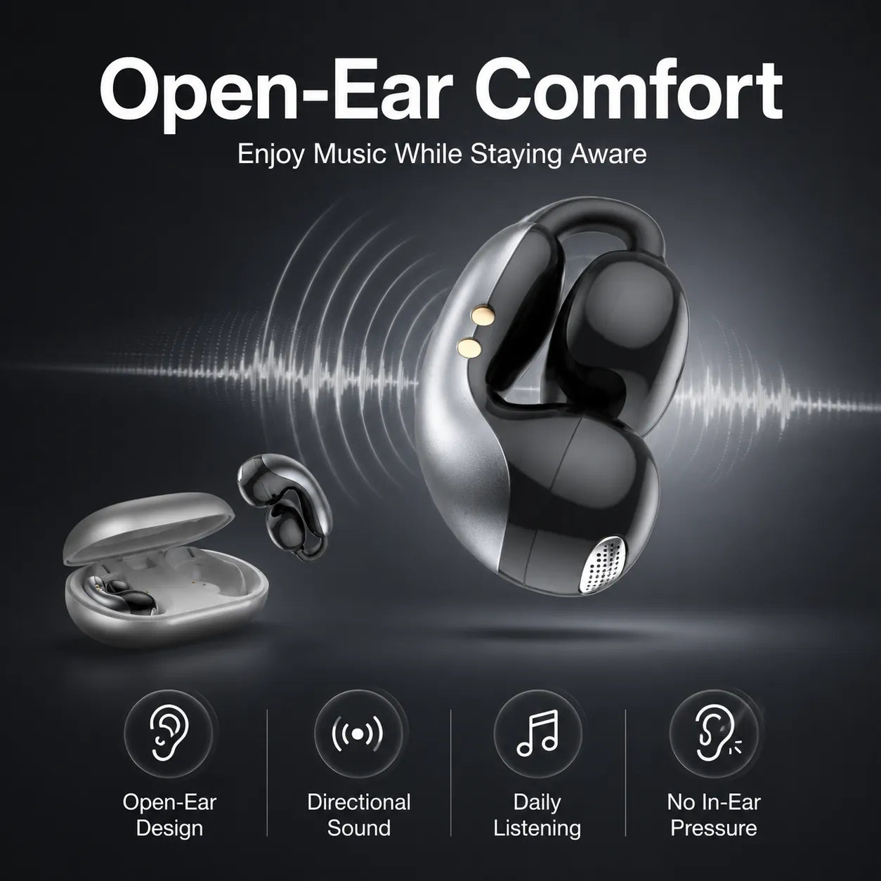 Close-up of BEEVVOS LDW-630 metal open-ear earbuds showing the curved exterior and clip-on wearing structure.