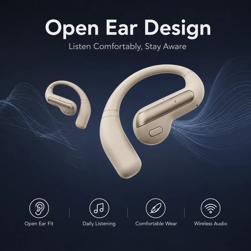 BEEVVOS AI Translator open-ear earbuds with charging cases shown in purple, beige, white and black color options.