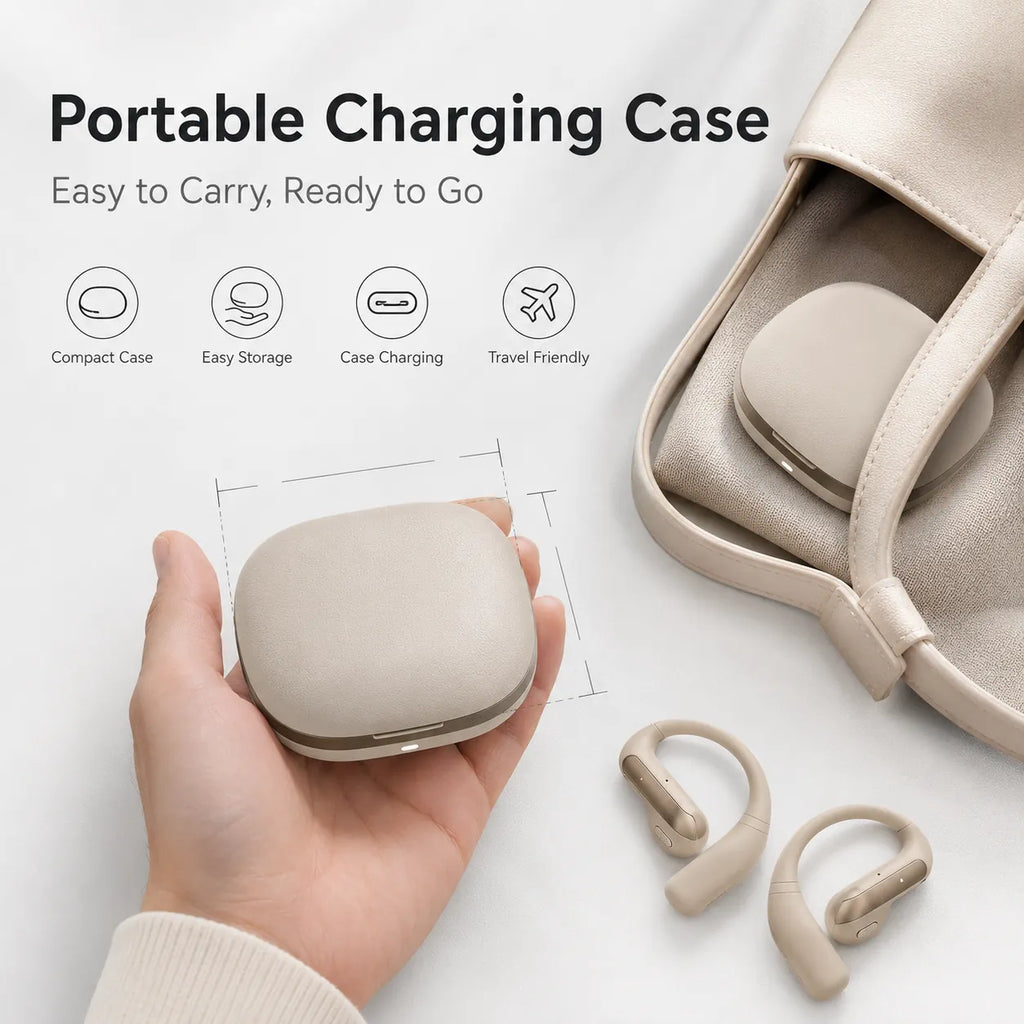 BEEVVOS AI Translator wireless earbuds with a compact matching charging case for storage and daily carrying.