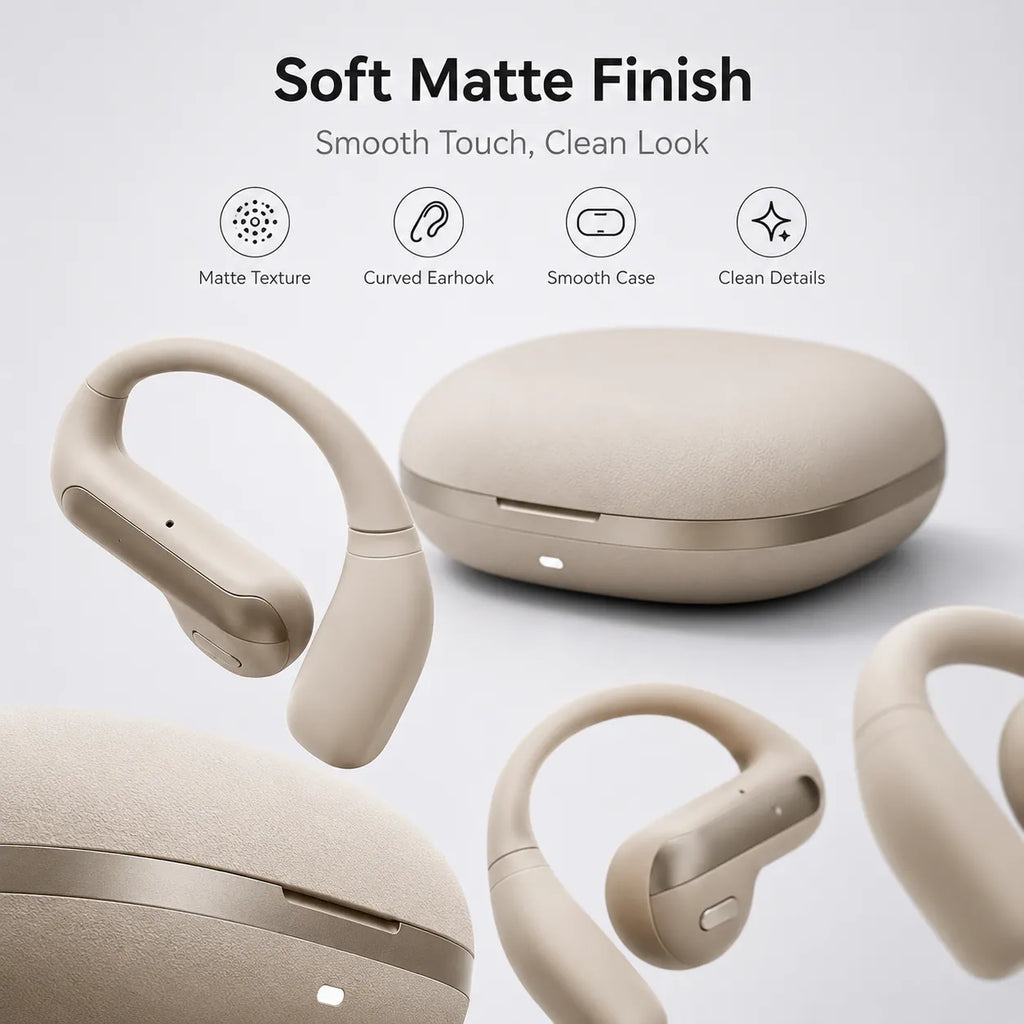 Close-up details of BEEVVOS AI Translator earbuds, curved ear hooks, smooth panels and charging case indicator.