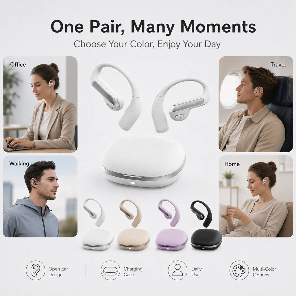 BEEVVOS AI Translator ear-hook earbuds in four colors for travel, office work, study and daily communication.