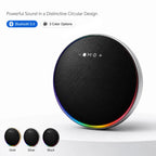 BEEVVOS LP19 portable Bluetooth speaker with round fabric mesh front, LED light ring and black, silver and gold options