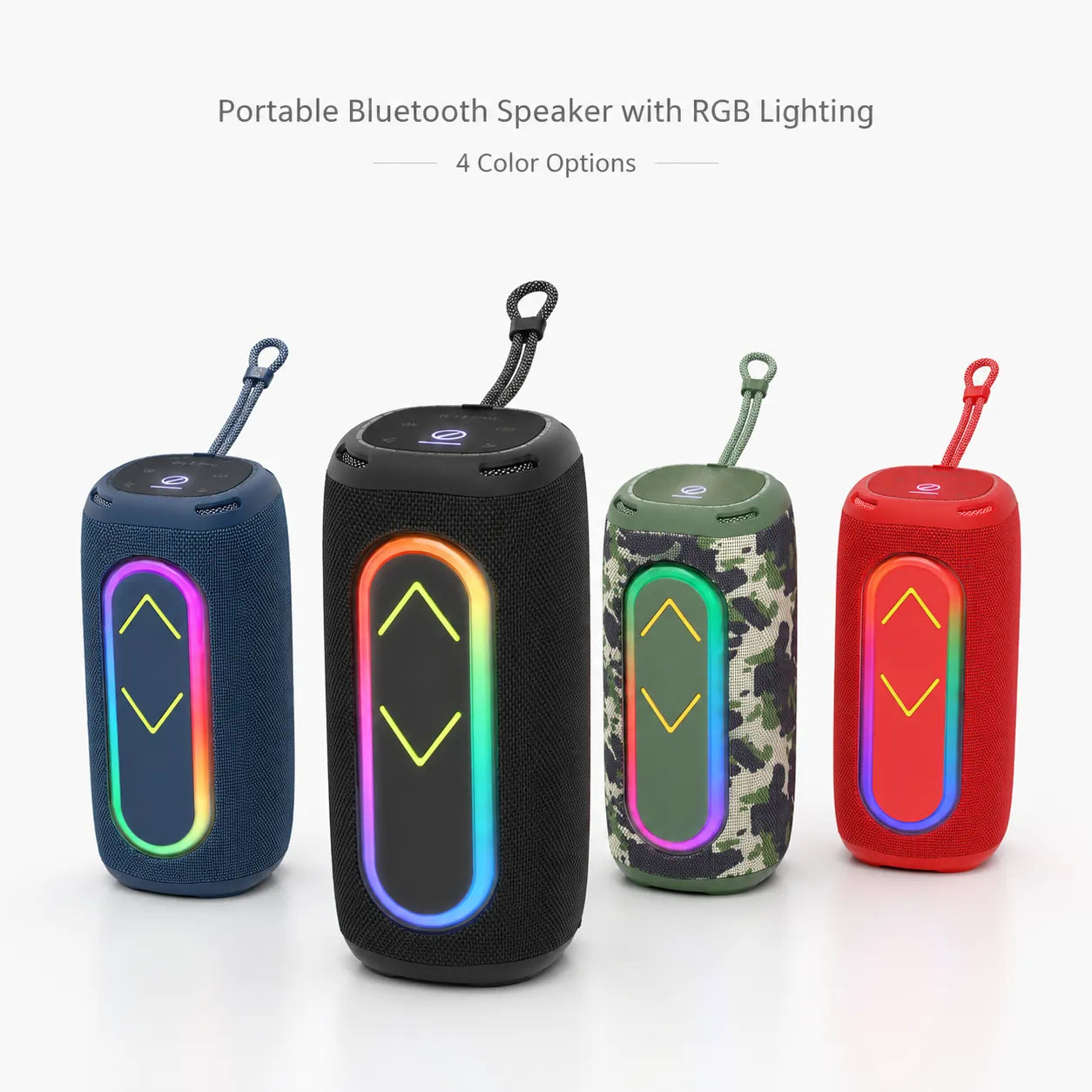 BEEVVOS P13 Pro portable Bluetooth speaker shown in black, blue, camouflage and red with front RGB lighting.