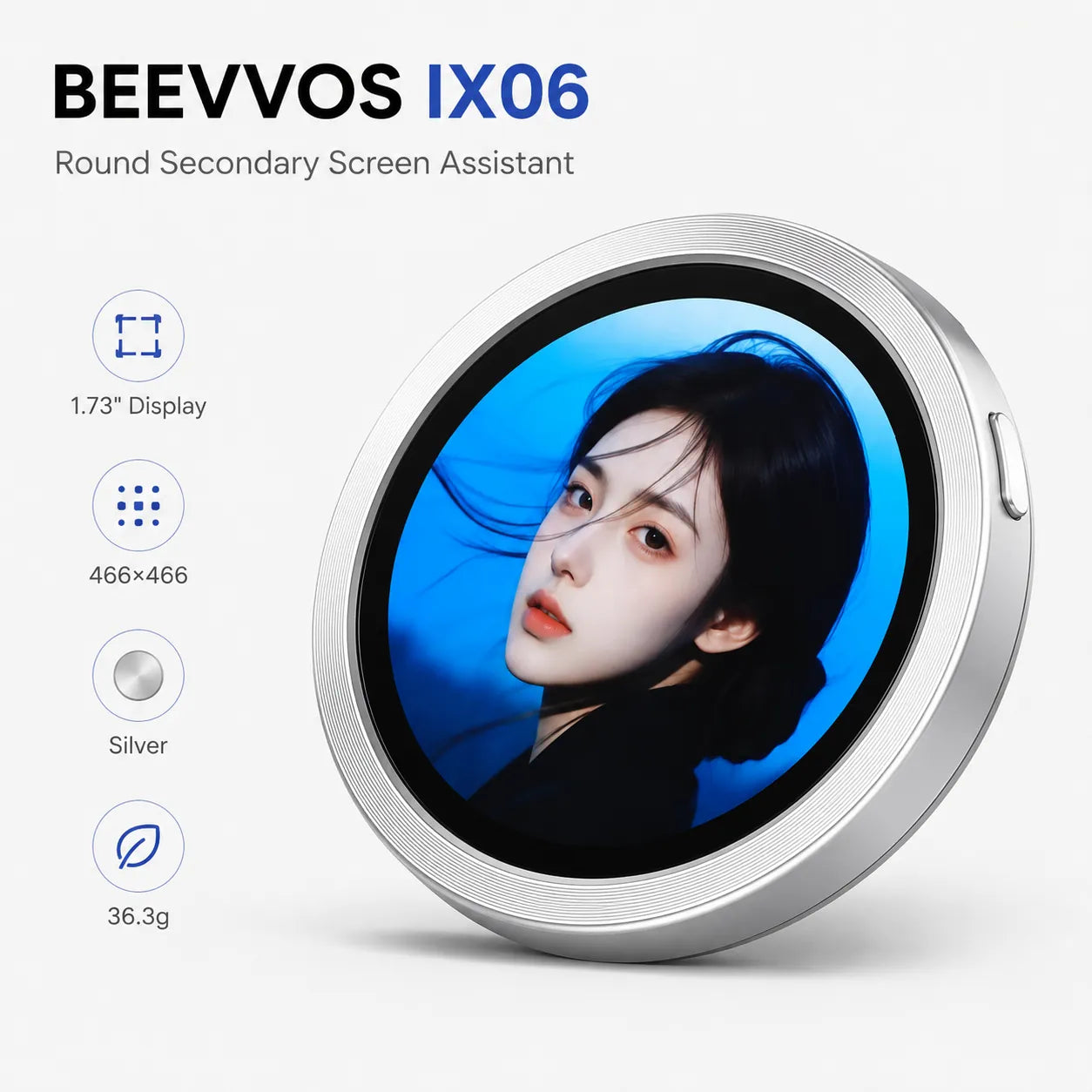 BEEVVOS IX06 round secondary screen assistant in silver with 1.73 inch display and compact portable design