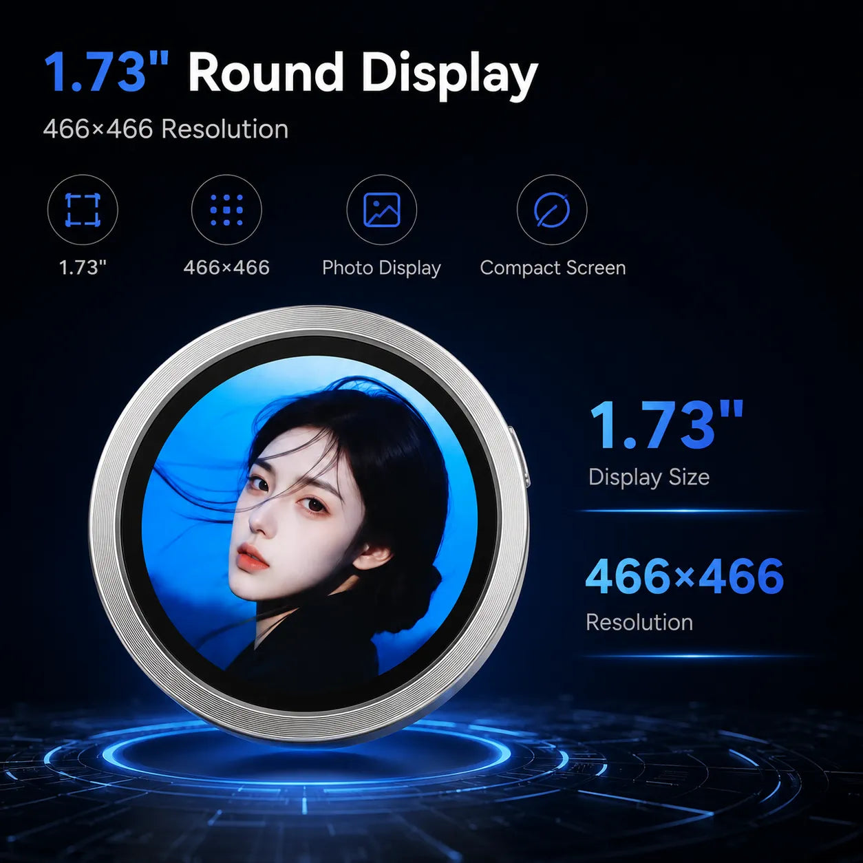 BEEVVOS IX06 portable round smart display showing a clear 466x466 screen for photo display and visual preview