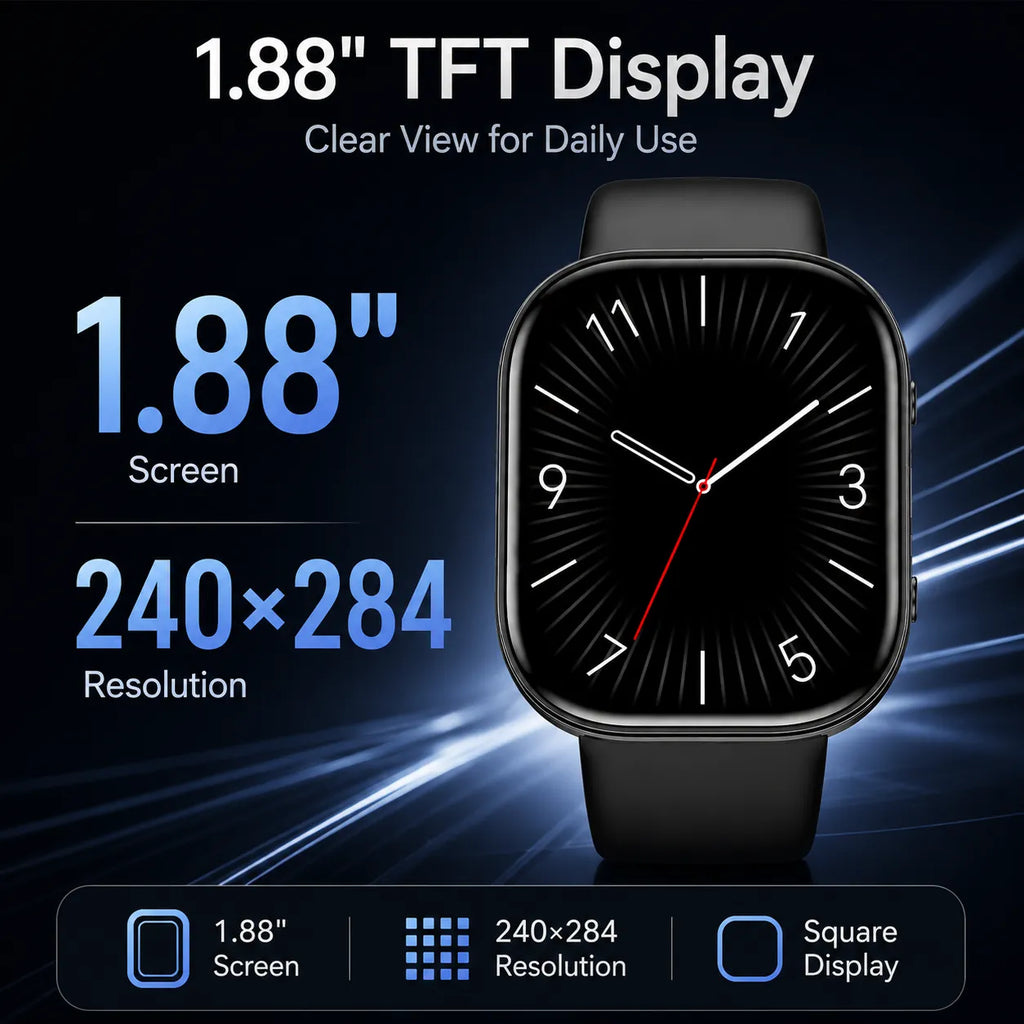 BEEVVOS Y3 smart watch showing large 1.88 inch TFT screen and 240 by 284 display resolution