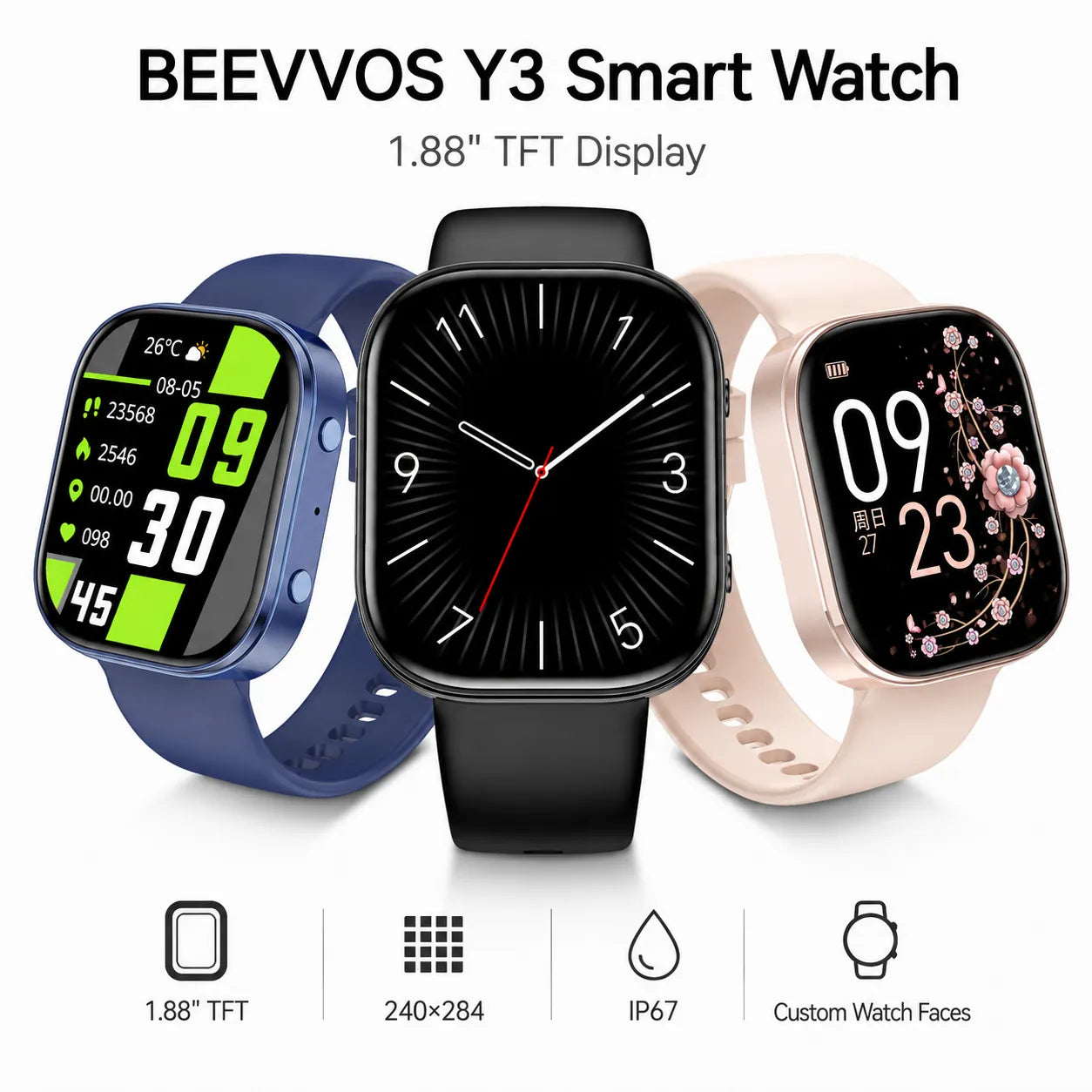 BEEVVOS Y3 smart watch in black, blue and pink with 1.88 inch TFT display and square daily wear design