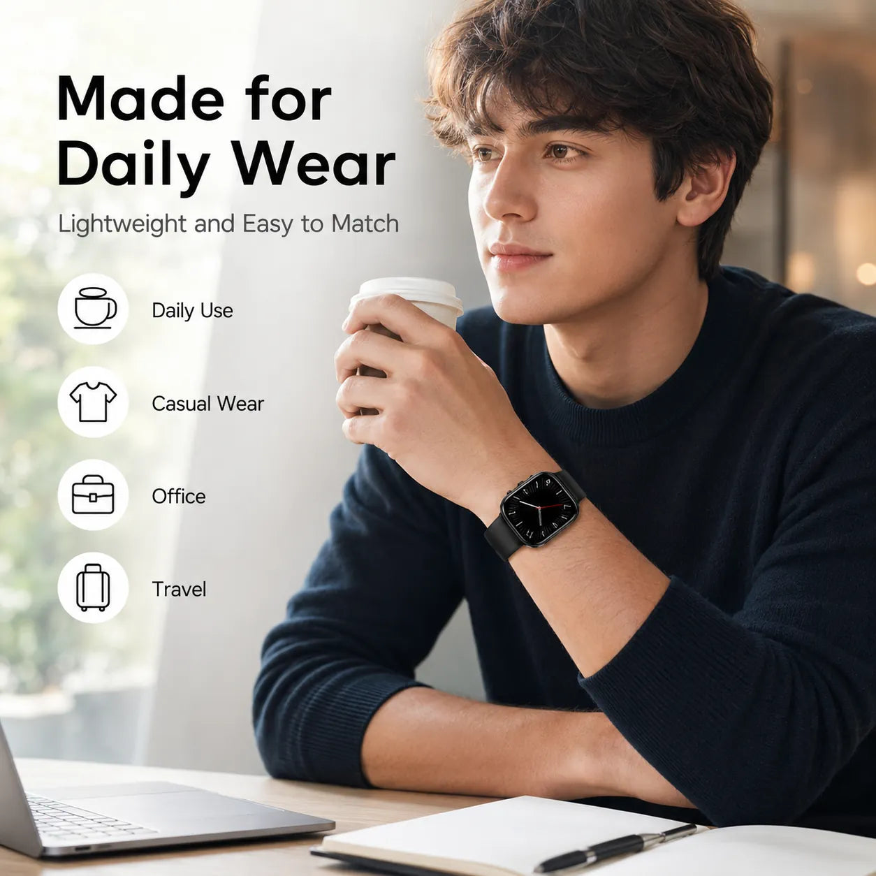 BEEVVOS Y3 square smart watch worn for daily office, travel and casual lifestyle use