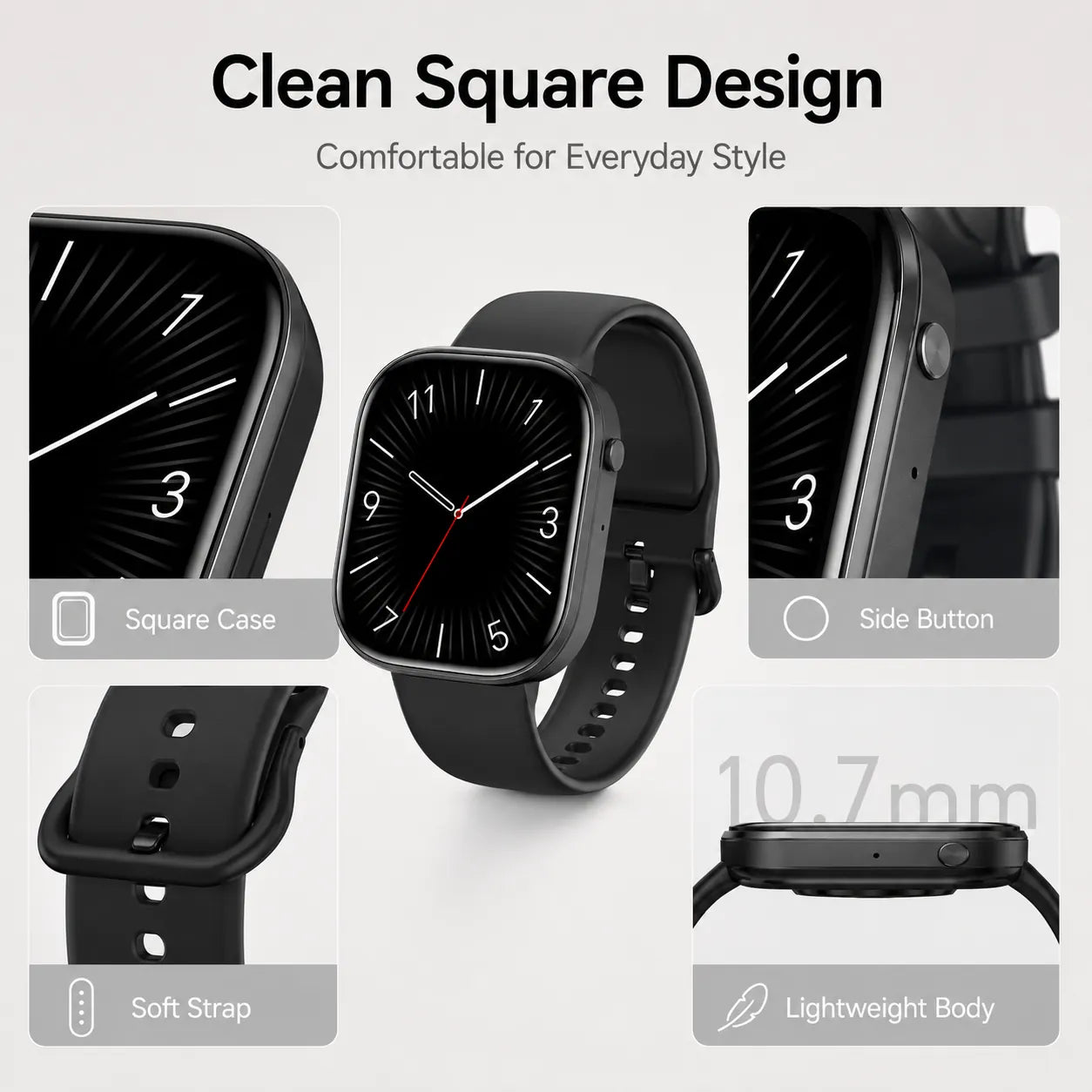 BEEVVOS Y3 smart watch feature summary with IP67 waterproof design, custom faces and three color options