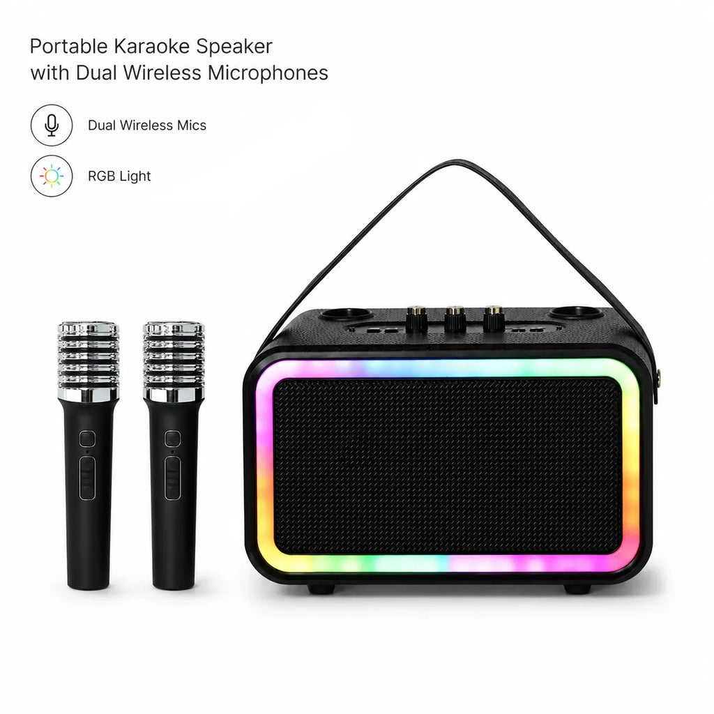 BEEVVOS M13 PRO+ portable karaoke speaker in black with RGB lighting, carrying strap and two wireless microphones.