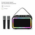 BEEVVOS M13 PRO+ portable karaoke speaker in black with RGB lighting, carrying strap and two wireless microphones.