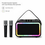 BEEVVOS M13 PRO+ portable karaoke speaker in black with RGB lighting, carrying strap and two wireless microphones.