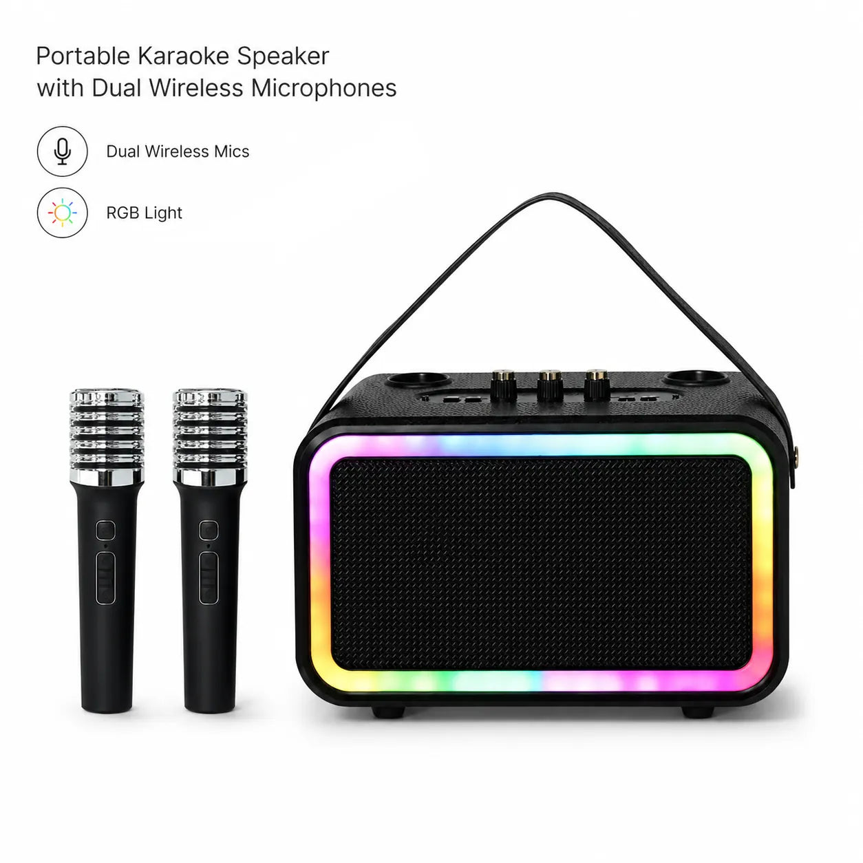BEEVVOS M13 PRO+ portable karaoke speaker in black with RGB lighting, carrying strap and two wireless microphones.