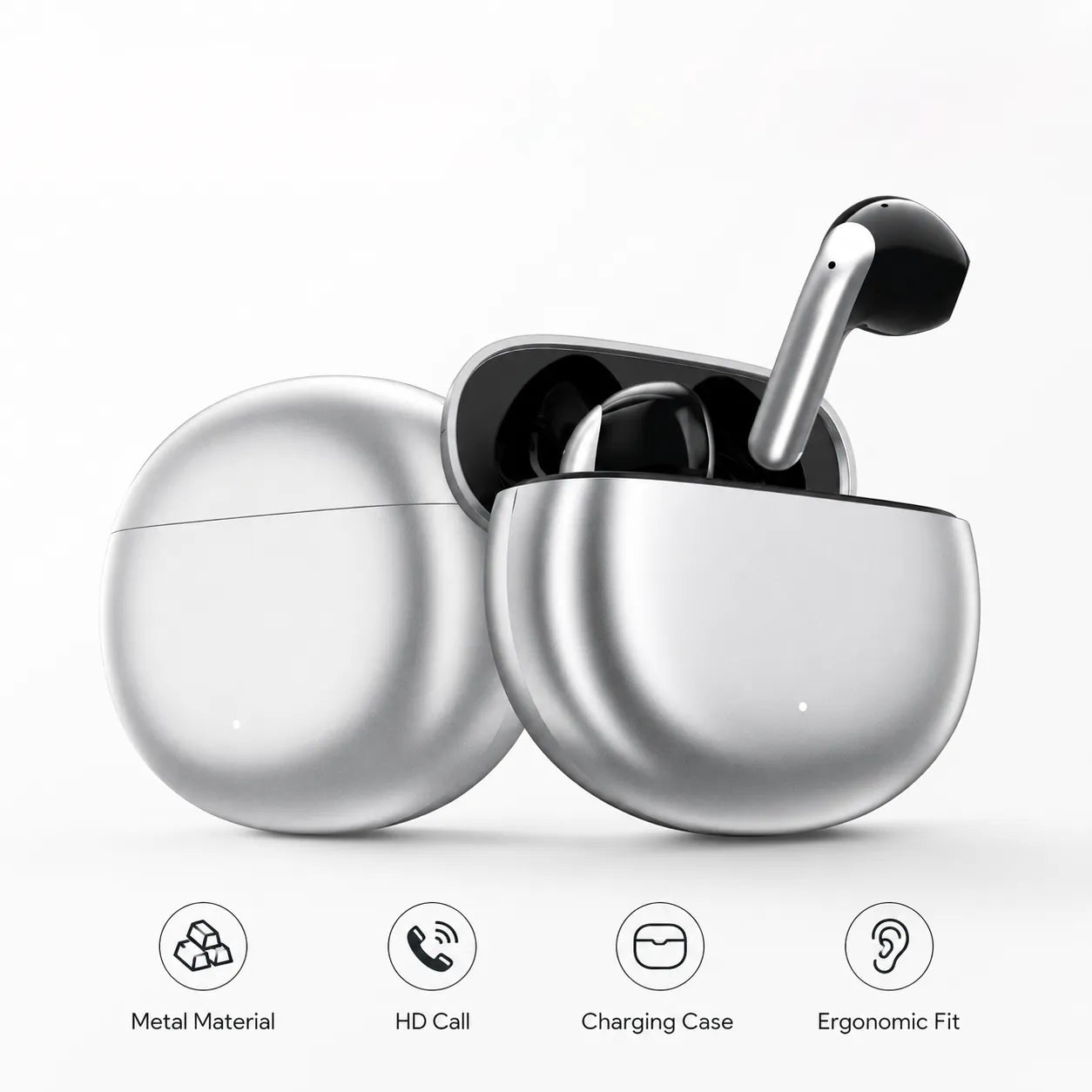 BEEVVOS LDW-430 metal wireless earbuds product hero image showing gray and white color options with charging case