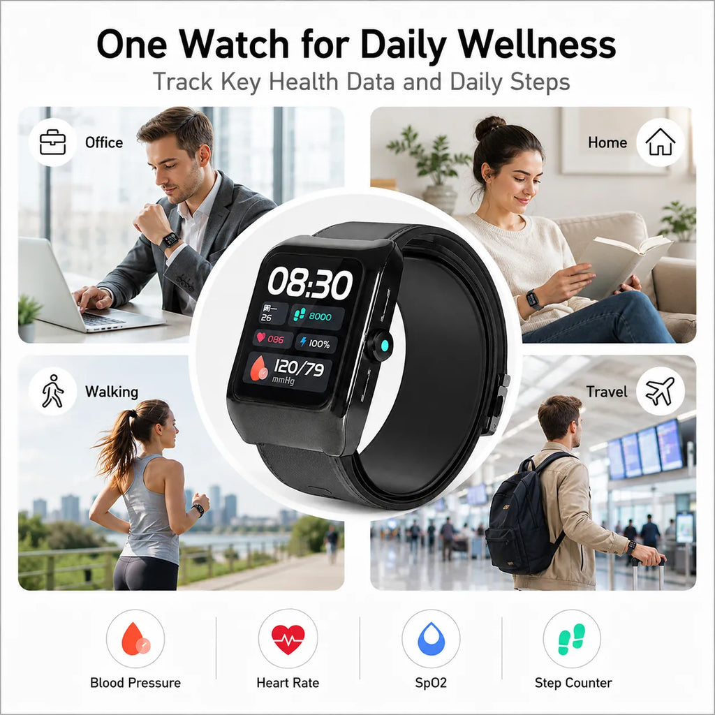 BEEVVOS U16 blood pressure smart watch for daily step counting, heart rate and SpO2 wellness tracking