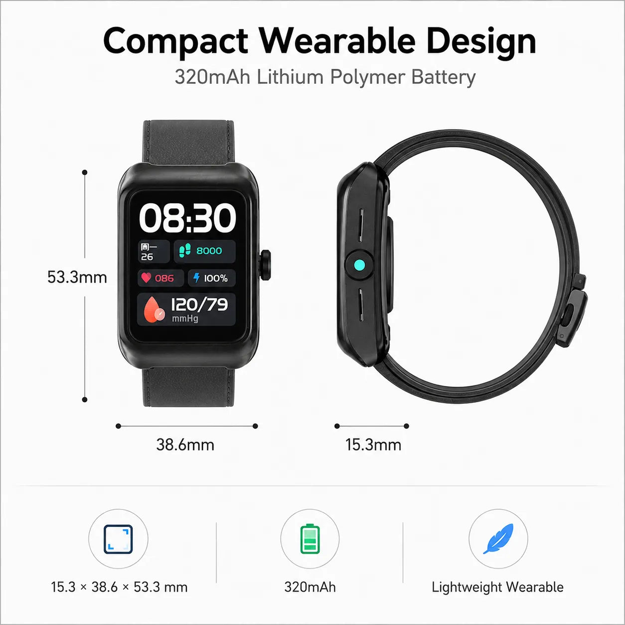 BEEVVOS U16 black health monitoring smart watch for office, home, travel and daily wellness reference use