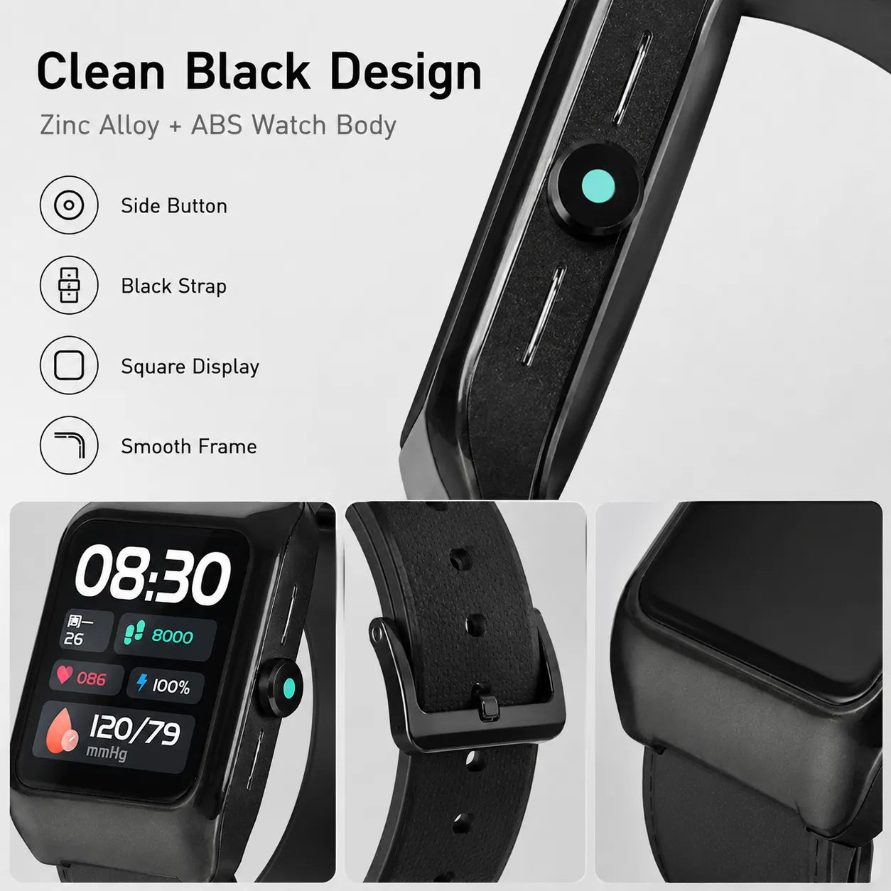 BEEVVOS U16 compact smart watch with 320mAh lithium polymer battery and black wearable square design