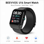 BEEVVOS U16 black blood pressure smart watch with square display, heart rate, SpO2 and step tracking interface