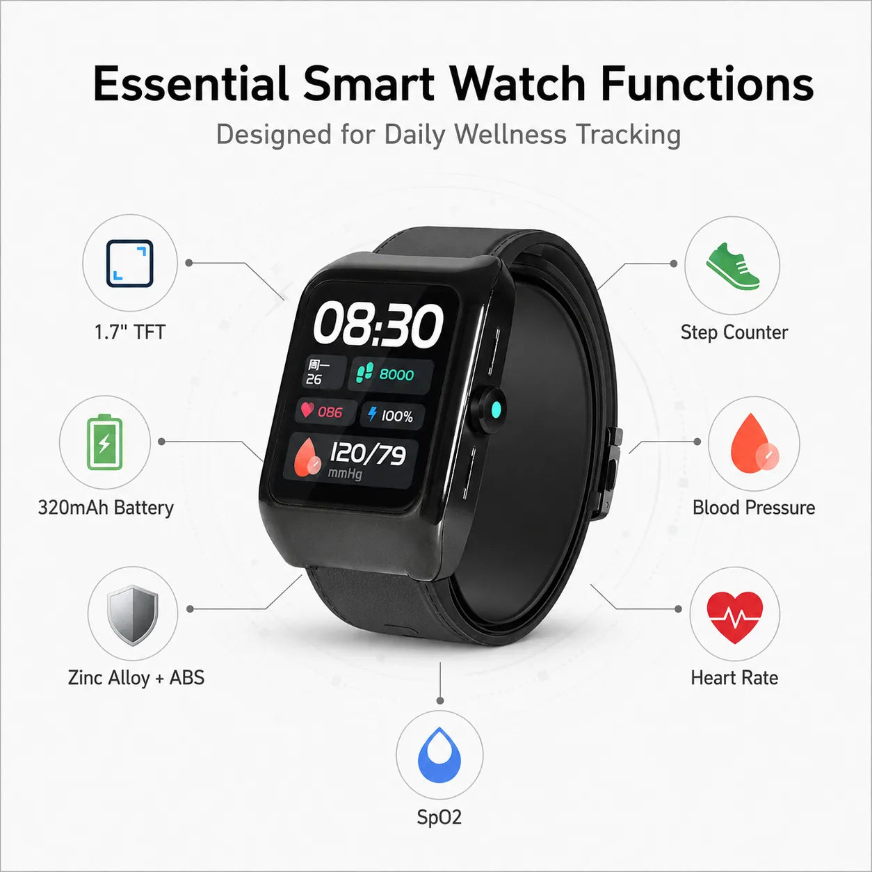 BEEVVOS U16 smart watch showing daily health reference features for blood pressure, heart rate and blood oxygen