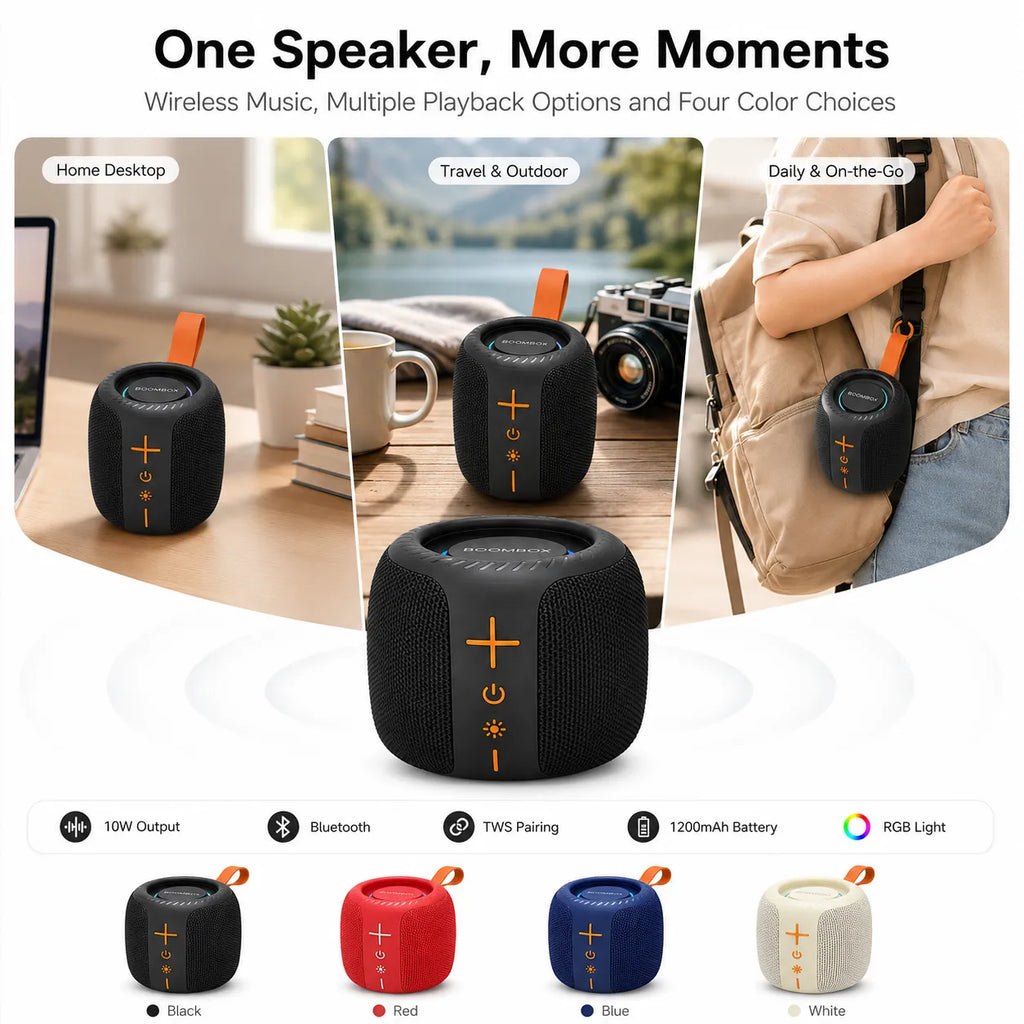 BEEVVOS AC75 portable speaker color range with Bluetooth, TWS, RGB lighting, TF card and FM radio features.