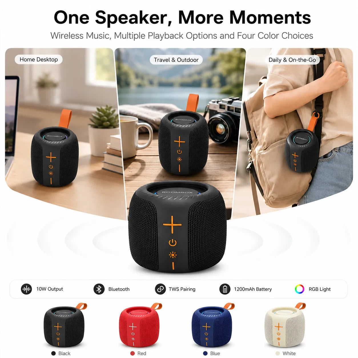 BEEVVOS AC75 portable speaker color range with Bluetooth, TWS, RGB lighting, TF card and FM radio features.