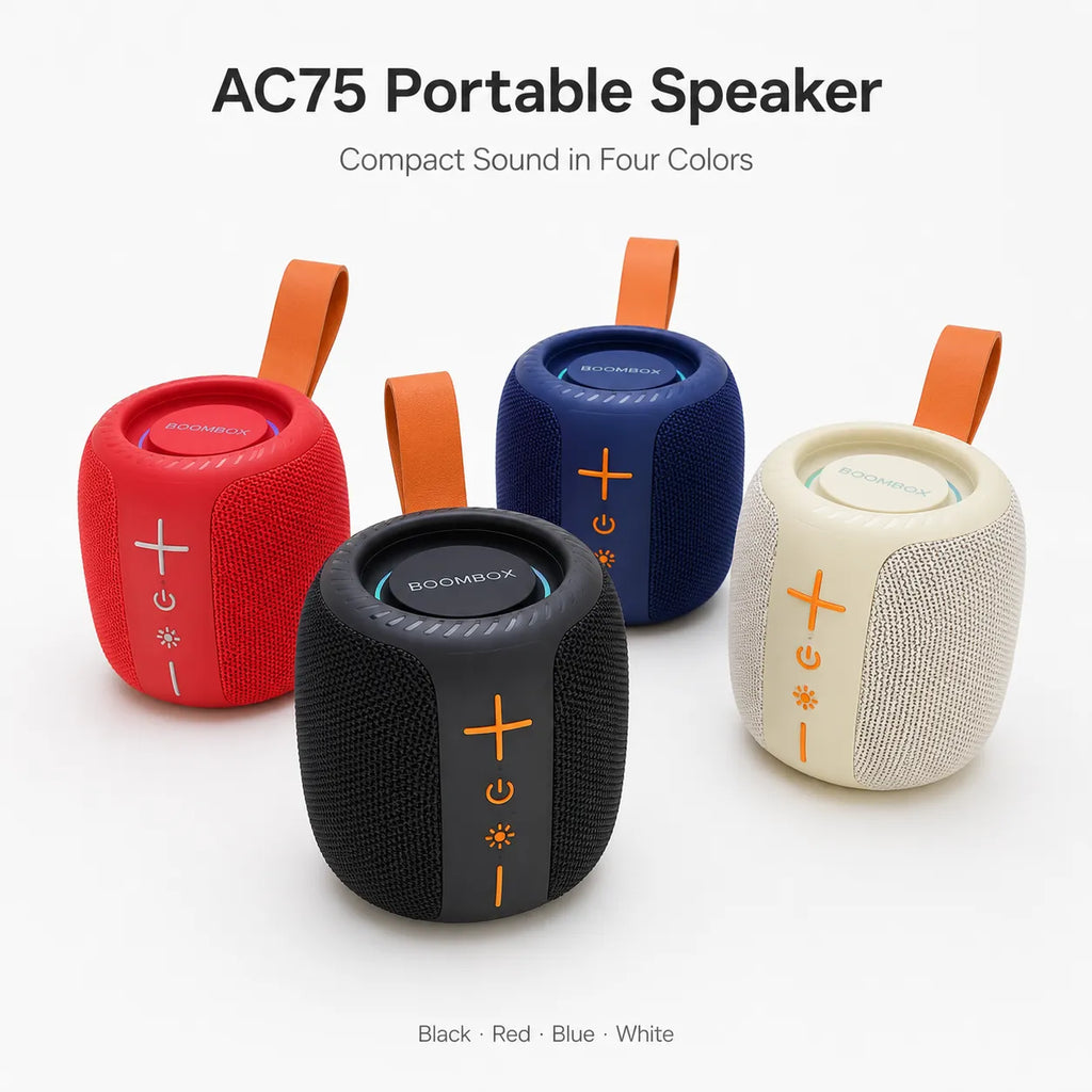 BEEVVOS AC75 portable Bluetooth speaker shown in black, red, blue and white with fabric mesh and carry straps.