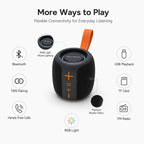 BEEVVOS AC75 Bluetooth speaker feature overview with TWS, TF card, FM radio, RGB lighting and calling function.