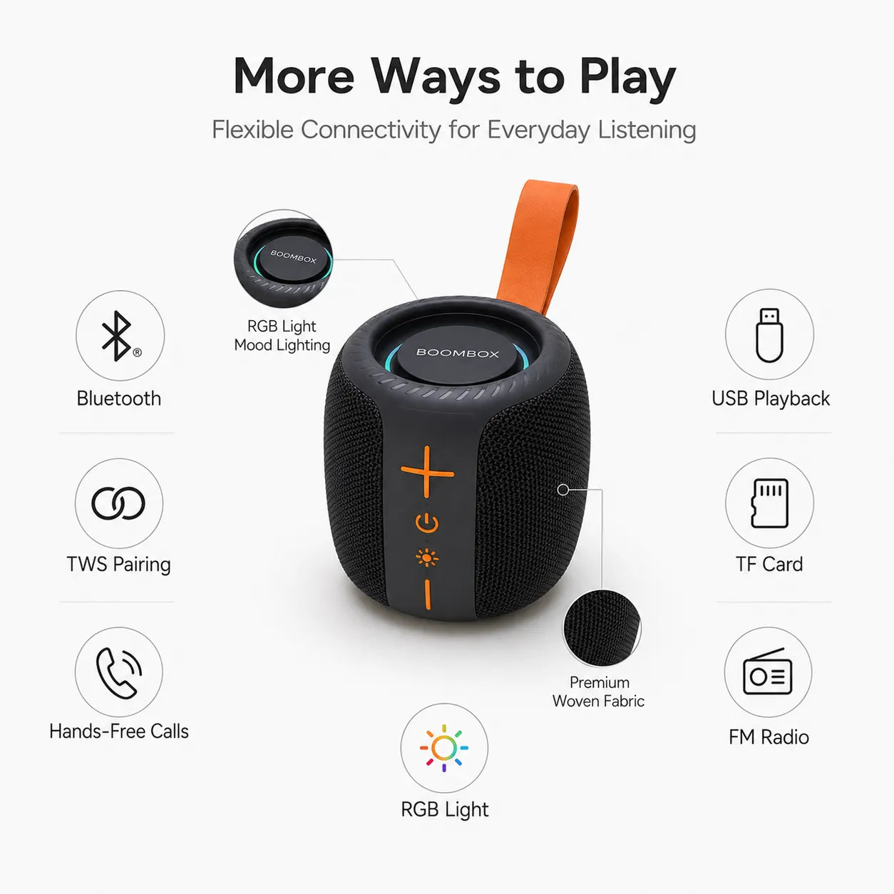 BEEVVOS AC75 Bluetooth speaker feature overview with TWS, TF card, FM radio, RGB lighting and calling function.
