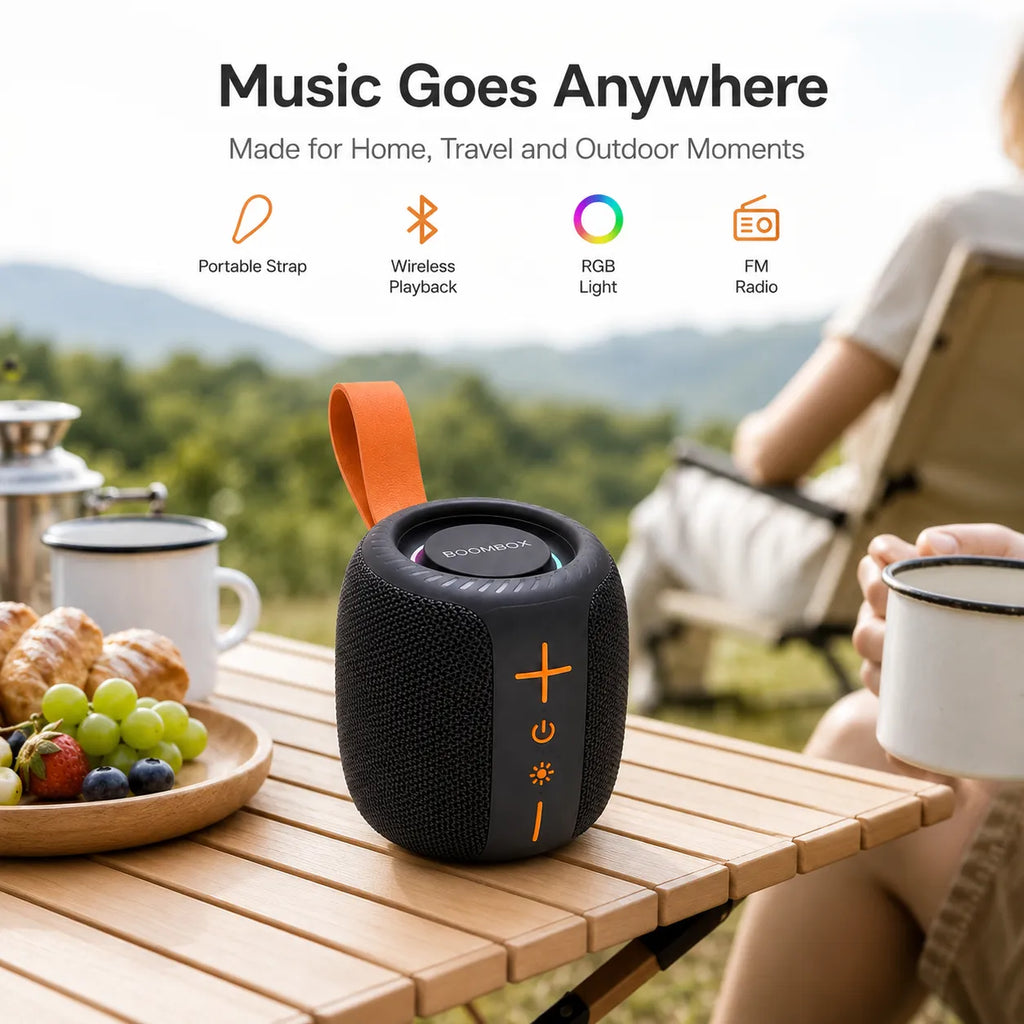 BEEVVOS AC75 portable Bluetooth speaker used at home for travel, casual listening and small social gatherings.