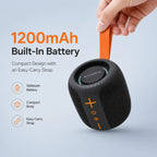 BEEVVOS AC75 compact portable speaker measuring 117 by 118 by 132 mm with an integrated carry strap.